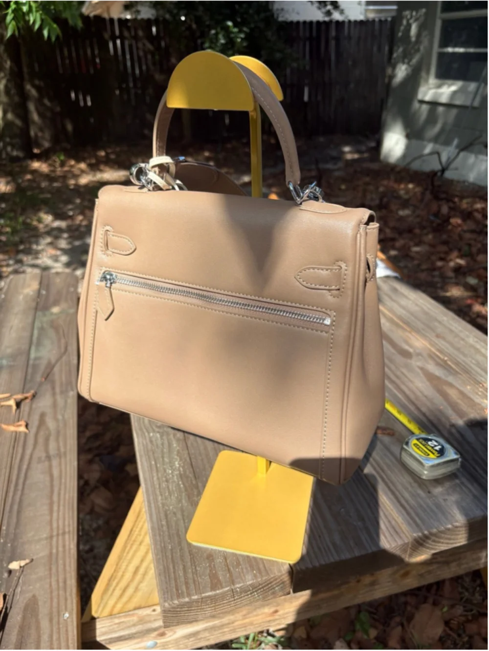 28cm Etoupe Top Handle Double Front Pocket Leather Satchel